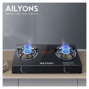 AILYONS AILYONS Double Burner Glass Top Gas Cooker - Portable, Auto Ignition, Low Gas Consumption